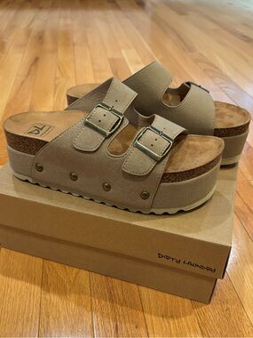 Dirty Laundry Tan Micro Suede Double-Buckle Platform Clogs